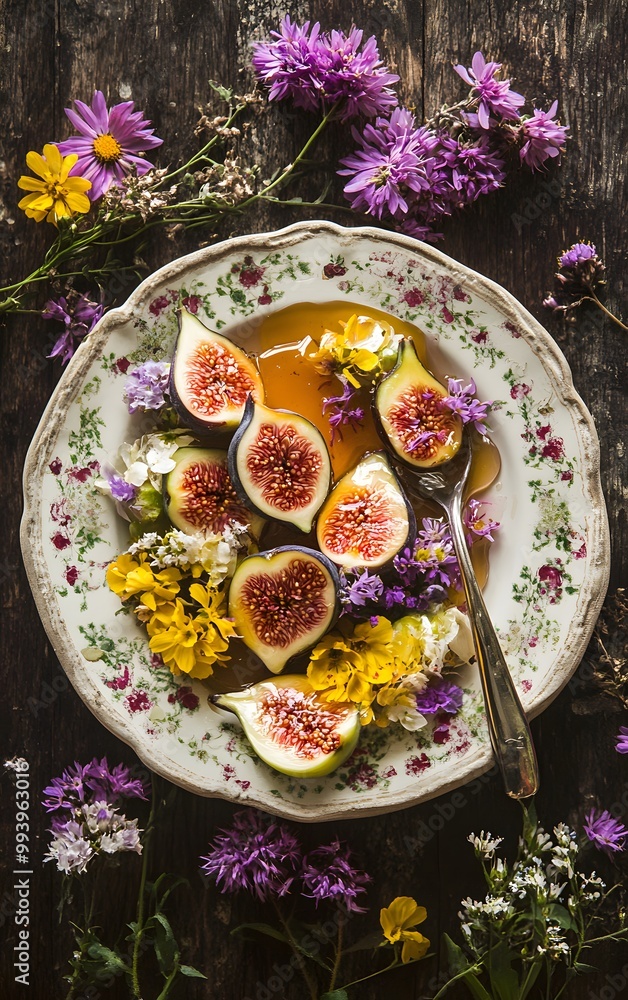 Fresh figs arranged on a floral plate with colorful flowers, creating a vibrant and inviting natural scene. Fresh figs arranged on a floral plate with colorful flowers, creating a vibrant and inviting natural scene.