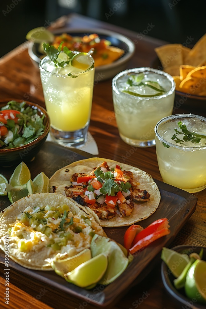 Close Up of Delicious Mexican Tacos with Cocktails and Limes. Close Up of Delicious Mexican Tacos with Cocktails and Limes.