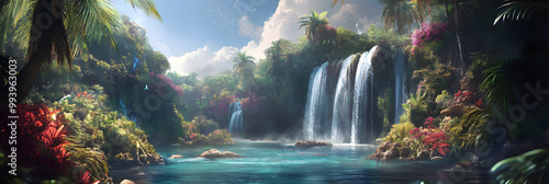 Beautiful tropical waterfall in fantasy jungle landscape, vibrant nature scenery, lush greenery, crystal-clear water, exotic paradise, serene environment, magical forest, peaceful retreat

