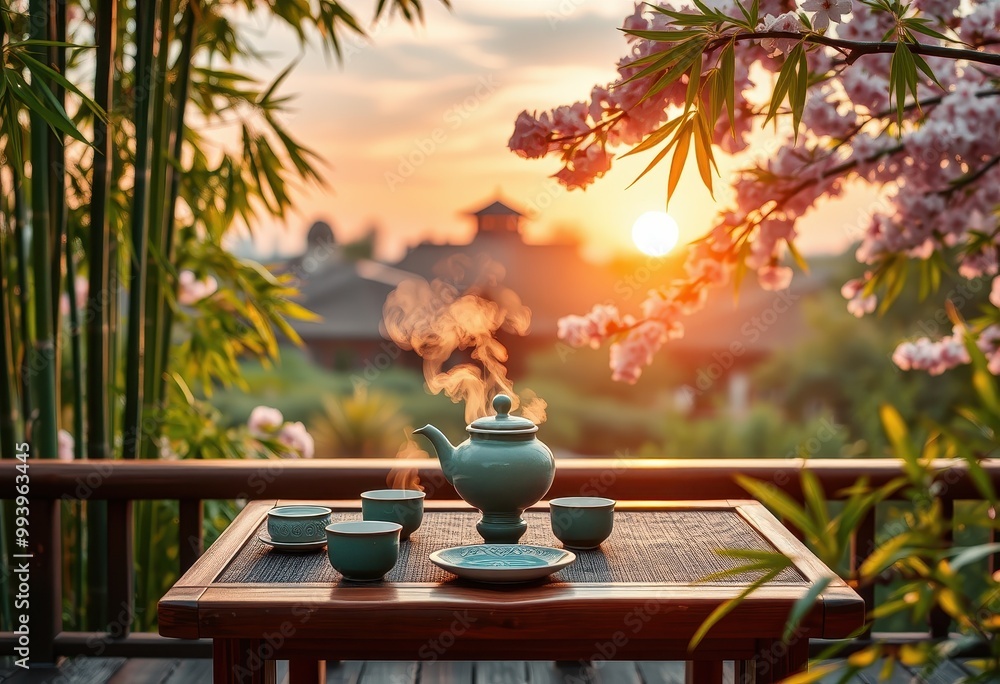 Tea Set on Wooden Table with Sunset and Flowers Tea Set on Wooden Table with Sunset and Flowers