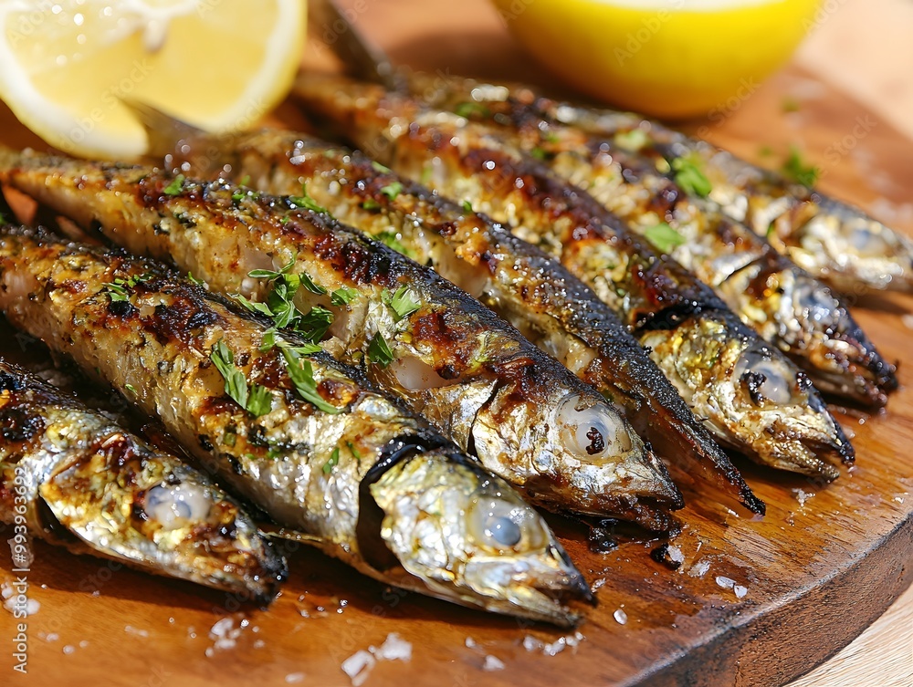 Grilled sardines served with lemon and olive oil on a rustic board, grilled sardines, Mediterranean appetizer Grilled sardines served with lemon and olive oil on a rustic board, grilled sardines, Mediterranean appetizer