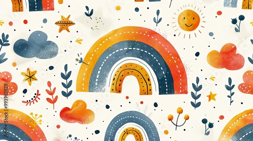 A playful, seamless pattern with whimsical hand-drawn elements for children's textiles, packaging, and wallpaper. Incorporate a vibrant rainbow color palette and a joyful summer theme photo