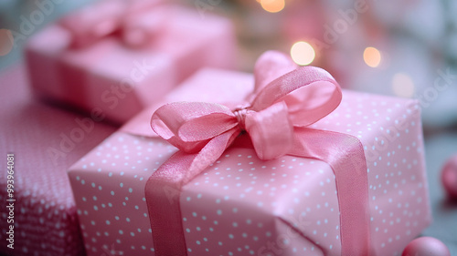 Beautifully wrapped pink gifts adorned with ribbons, perfect for celebrations, surrounded by soft bokeh lights during a festive evening