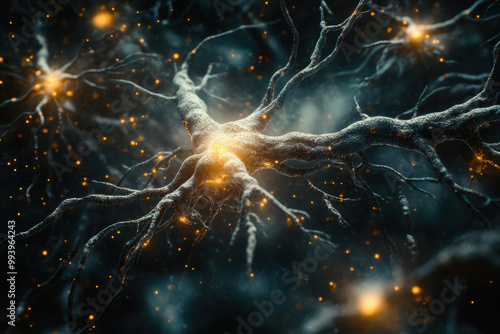 Glowing Neural Network with Dark Background and Orange Highlights