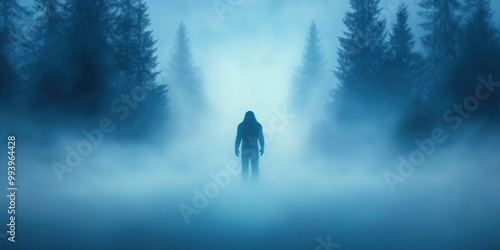 A cryptid sighting of Bigfoot strolling away in a foggy forest