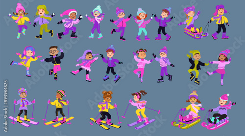 Cute cartoon children in bright winter clothes. Set of happy kids ready for outdoor activity. Bundle of diverse multiethnic boys and girls with ski and sled. Hand-drawn vector flat illustration.