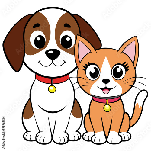 Charming illustration of a happy dog and cat sitting together with joyful expressions.