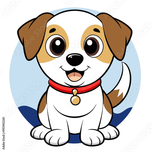 Adorable puppy illustration with a collar sitting happily against a blue background.