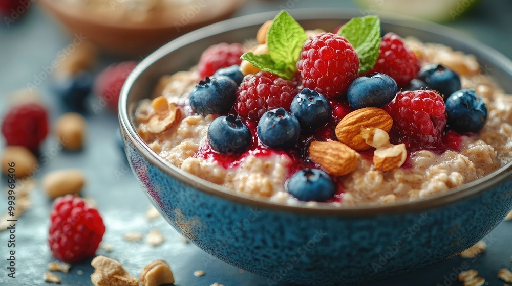 Nutritious Bowl of Oatmeal with Fresh Berries and Nuts for a Healthy Breakfast or Snack Nutritious Bowl of Oatmeal with Fresh Berries and Nuts for a Healthy Breakfast or Snack