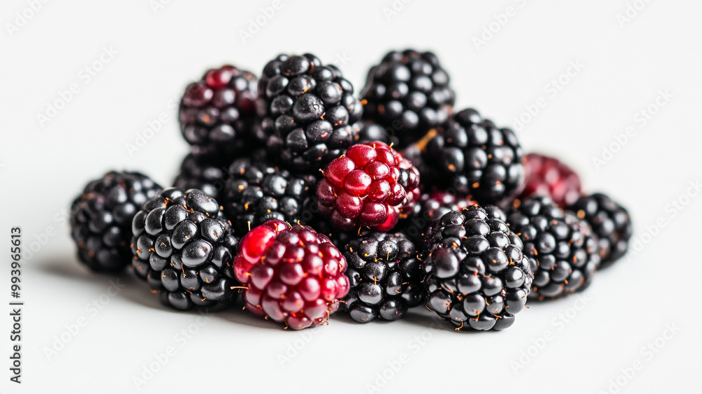 Fresh blackberries and raspberries piled together on a white surface, showcasing their vibrant colors and ripe textures Fresh blackberries and raspberries piled together on a white surface, showcasing their vibrant colors and ripe textures