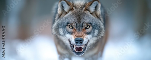 Detailed view of a black wolf growling in the North Pole. photo