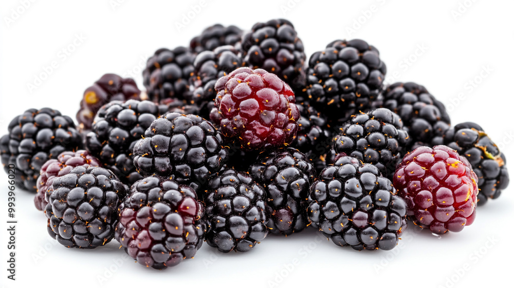 Fresh blackberries and ripe raspberries arranged together for a vibrant display of summer fruits on a clean white background Fresh blackberries and ripe raspberries arranged together for a vibrant display of summer fruits on a clean white background