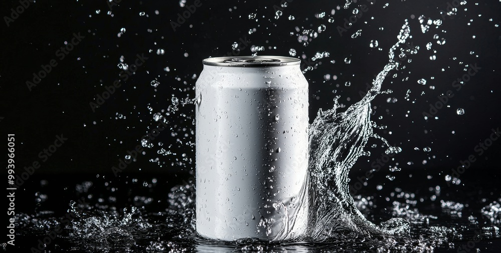 The plain soda can mock up product is isolated on a solid background with a splash of water on it. Copy space is provided for the author's text.