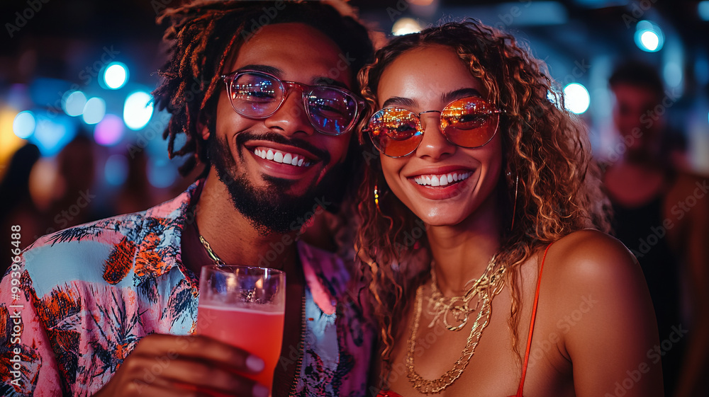 cheerful 25-years-old man and a 20-years-old woman with a small glass of red liquid in hand. They are celebrating at a party cheerful 25-years-old man and a 20-years-old woman with a small glass of red liquid in hand. They are celebrating at a party