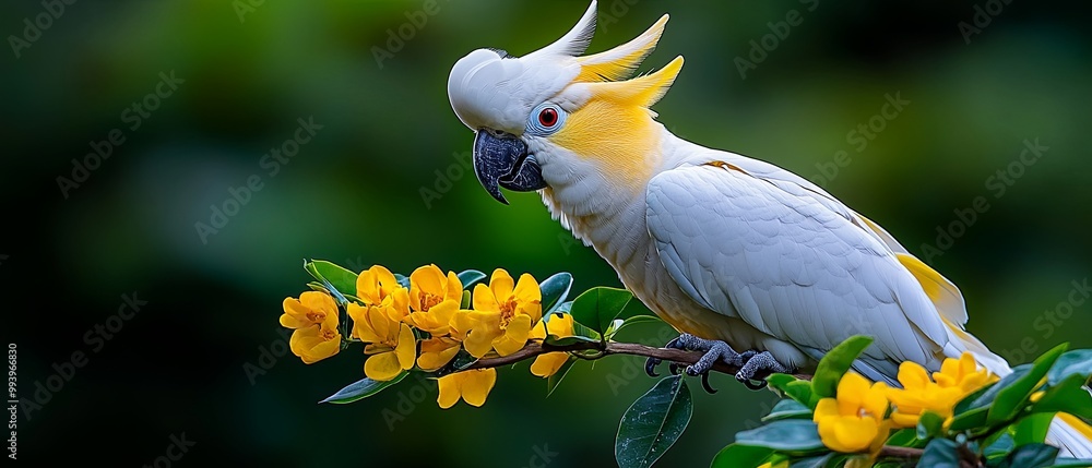 Cockatoo Perched on Vibrant Yellow Flowers Cockatoo Perched on Vibrant Yellow Flowers