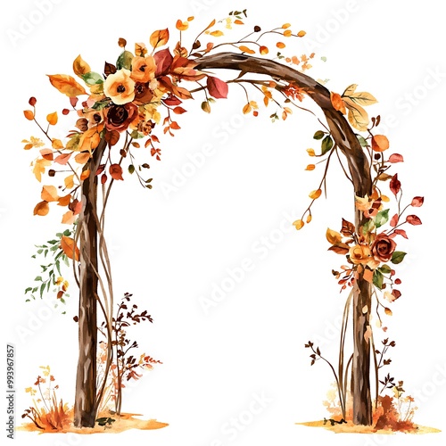 Watercolor Painting of a Wooden Archway Decorated with Autumn Leaves and Flowers.