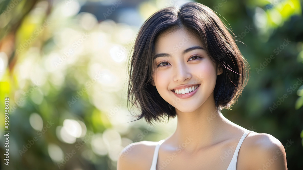 Smiling Asian woman with bob-cut hair enjoying the outdoors in a white tank top during daytime Smiling Asian woman with bob-cut hair enjoying the outdoors in a white tank top during daytime