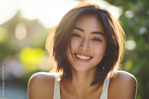 Bright and cheerful headshot of a young Asian woman smiling outdoors on a sunny day