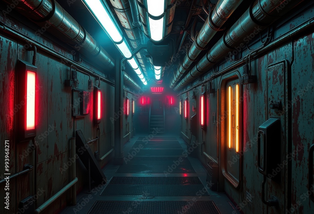 Futuristic Corridor with Red and Orange Neon Lights Futuristic Corridor with Red and Orange Neon Lights