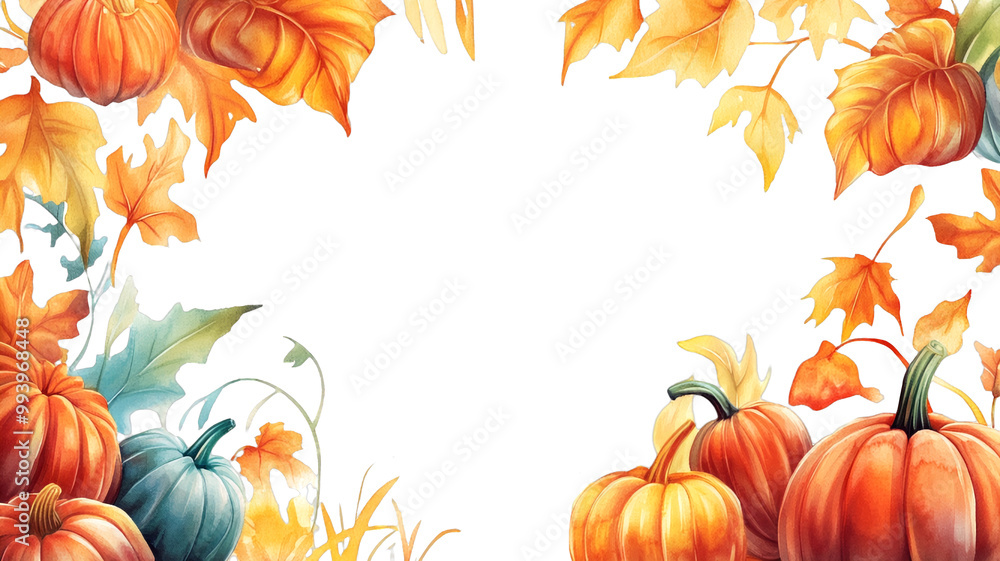 Frame of watercolor pumpkins and autumn leaves with transparent background. PNG template for autumn posters, Halloween and Thanksgiving cards with space for text Frame of watercolor pumpkins and autumn leaves with transparent background. PNG template for autumn posters, Halloween and Thanksgiving cards with space for text