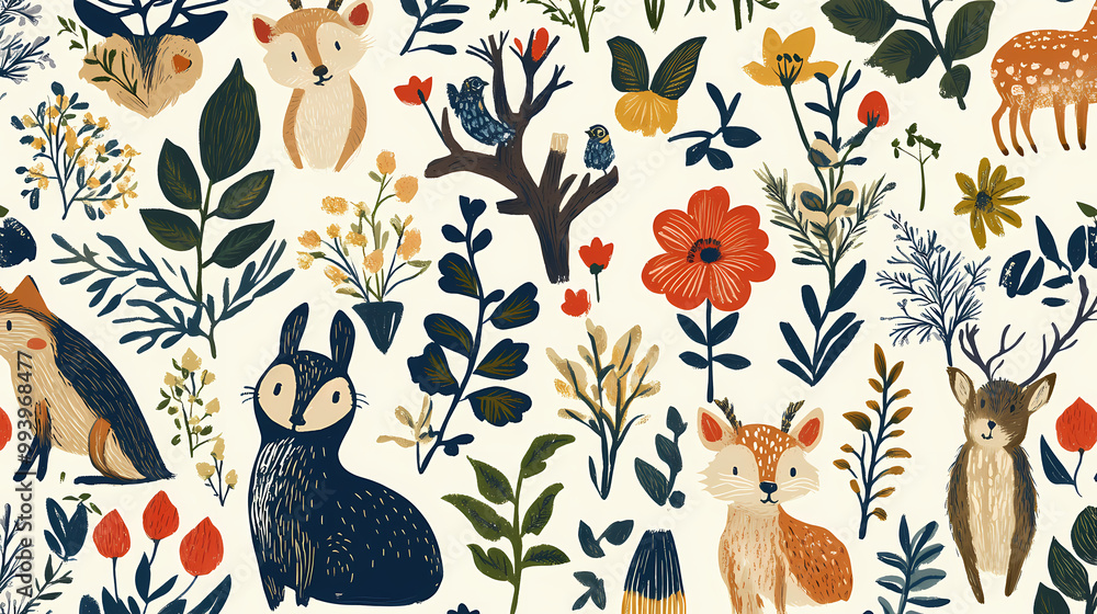 Fototapeta Forest animal and flower drawing folk art seamless pattern. scandinavian style. Folk Art. Illustration
