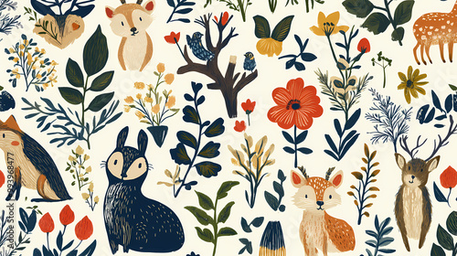 Forest animal and flower drawing folk art seamless pattern. scandinavian style. Folk Art. Illustration