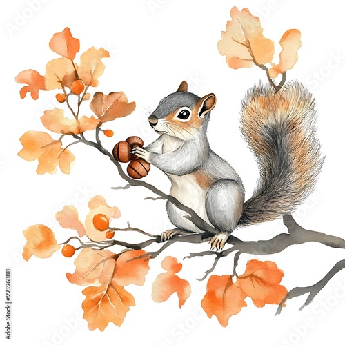 Watercolor illustration of a squirrel on a tree branch with autumn leaves.