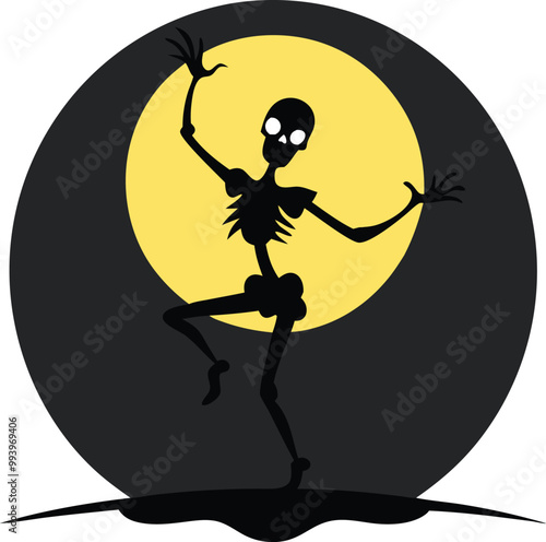 Dancing skeleton silhouette in front of a glowing moon, Halloween and Day of the Dead theme