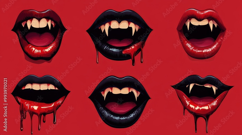 Set of Sexy Vampire mouths and teeth vector set of Halloween horror holiday monsters,female lips with fangs,halloween witches or beast creatures,Vampire bloody lips set,banner elements. Set of Sexy Vampire mouths and teeth vector set of Halloween horror holiday monsters,female lips with fangs,halloween witches or beast creatures,Vampire bloody lips set,banner elements.
