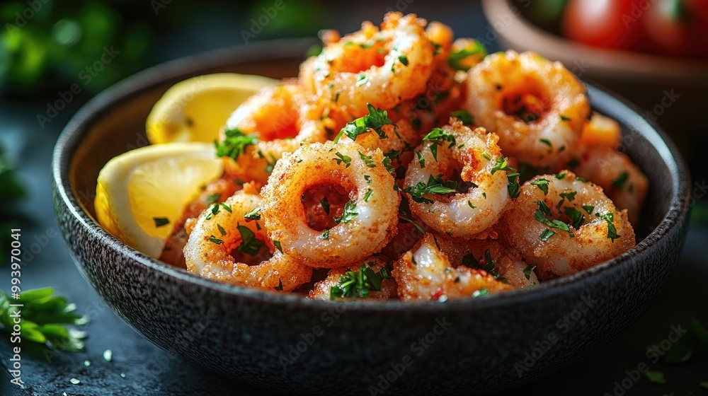 Crispy Fried Calamari with Lemon Wedges for Gourmet Food Menus Crispy Fried Calamari with Lemon Wedges for Gourmet Food Menus