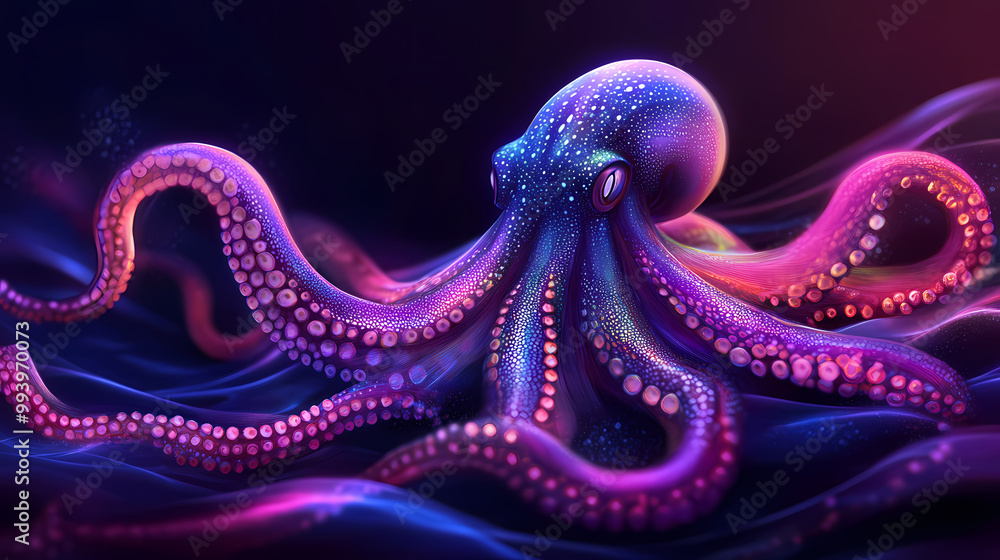 Obraz premium Glowing neon krakenoctopus on dark background with iridescent psychic waves. concept neon octopus, dark background, iridescent waves, glowing kraken, psychic aesthetic. Sea Monster. Illustration