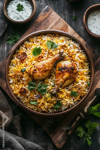 Close-up of a bowl of Chicken Biryani with coriander garnish.