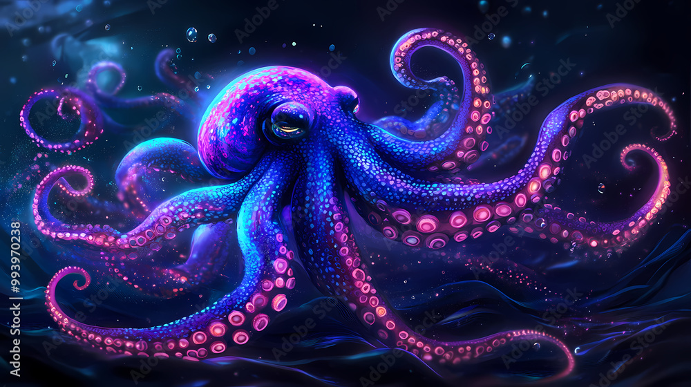 Glowing neon krakenoctopus on dark background with iridescent psychic waves. concept neon octopus, dark background, iridescent waves, glowing kraken, psychic aesthetic. Sea Monster. Illustration Glowing neon krakenoctopus on dark background with iridescent psychic waves. concept neon octopus, dark background, iridescent waves, glowing kraken, psychic aesthetic. Sea Monster. Illustration