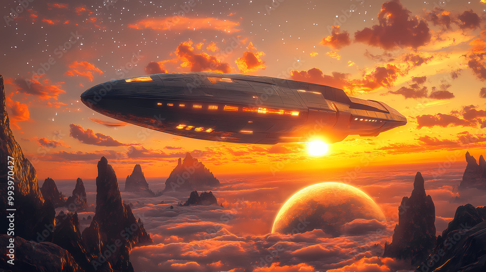 Glowing retro futuristic spaceship hovering over an alien planet at sunset. Retro Futurism. Illustration Glowing retro futuristic spaceship hovering over an alien planet at sunset. Retro Futurism. Illustration