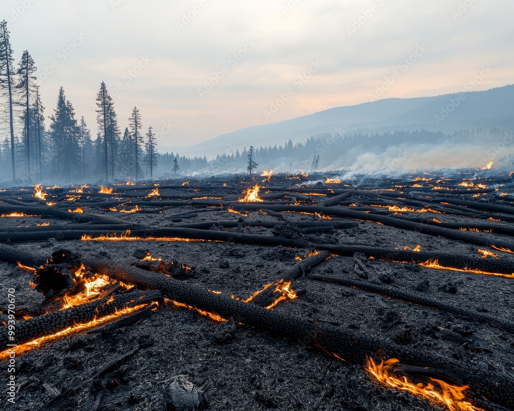 Devastating Wildfire Aftermath Charred Forest Logs with Glowing Embers in Hazy Landscape at Dusk Devastating Wildfire Aftermath Charred Forest Logs with Glowing Embers in Hazy Landscape at Dusk