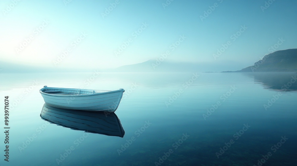 Serene boat on calm water at dawn, reflecting tranquility. Serene boat on calm water at dawn, reflecting tranquility.