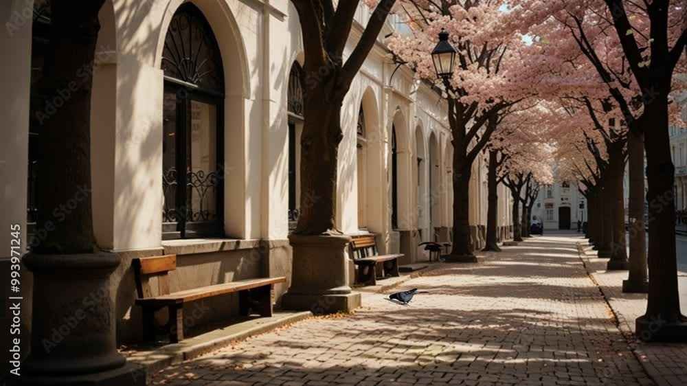 the atmosphere of a quiet and calm city in spring with flowers blooming the atmosphere of a quiet and calm city in spring with flowers blooming