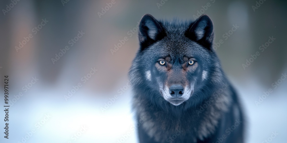 Detailed view of a black wolf growling in the North Pole. Detailed view of a black wolf growling in the North Pole.