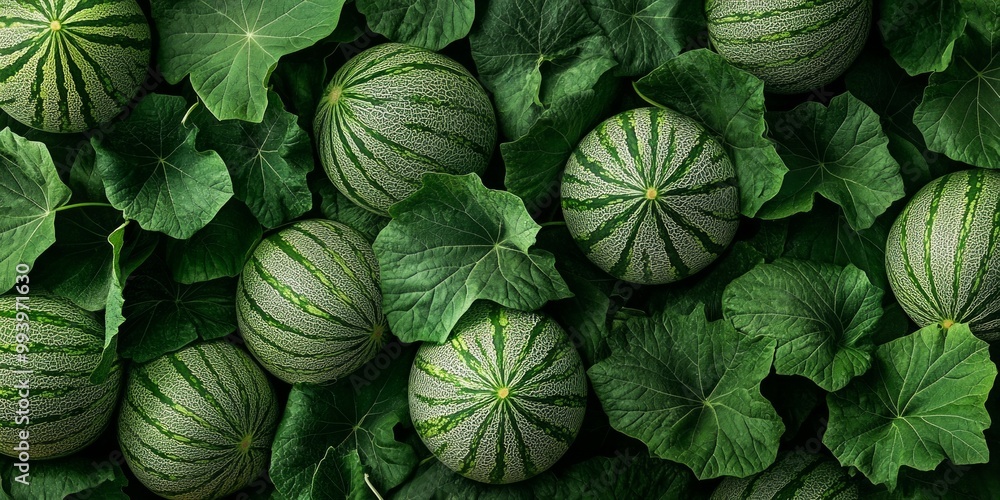 Fototapeta premium Fresh watermelons are arranged among lush green leaves. This image captures the essence of summer fruit. Perfect for food blogs or market promotions. AI