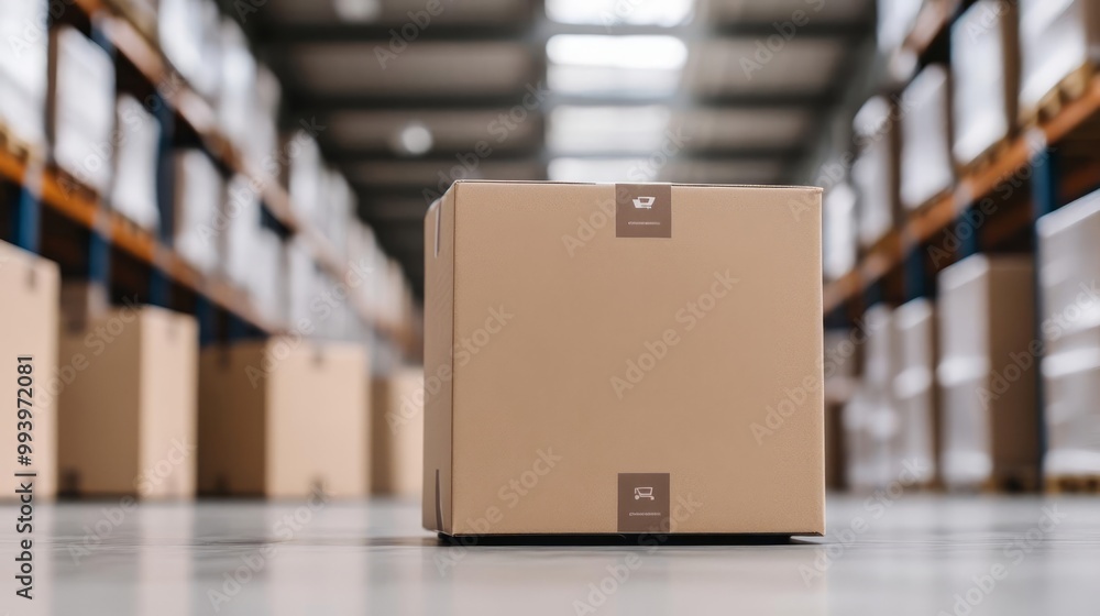 A cardboard box in a warehouse, symbolizing logistics and storage solutions. Ideal for packaging and delivery concepts. A cardboard box in a warehouse, symbolizing logistics and storage solutions. Ideal for packaging and delivery concepts.