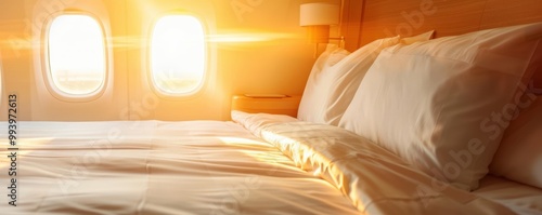 Cozy airplane cabin with soft bedding and morning sunlight illuminating the space, perfect for travel and relaxation themes. photo