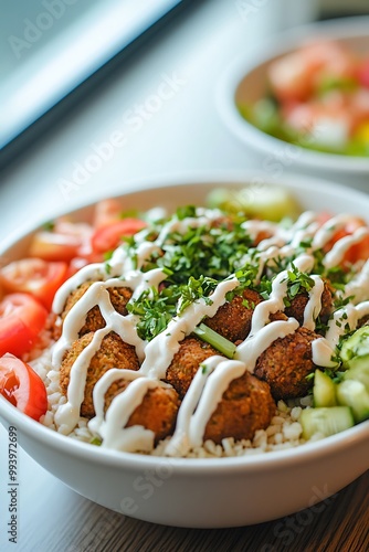 Delicious Falafel Bowl with Creamy Dressing and Fresh Vegetables.