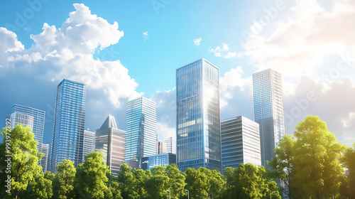 Low Angle View of Modern Glass Skyscrapers Against Blue Sky
