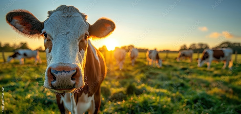 A close-up of a cow in a lush green field during sunset, capturing the serene beauty of rural life and agricultural landscapes. A close-up of a cow in a lush green field during sunset, capturing the serene beauty of rural life and agricultural landscapes.