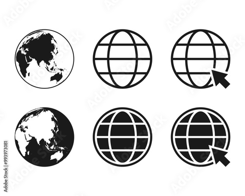 Set of earth globe icons in flat and linear design on a white background