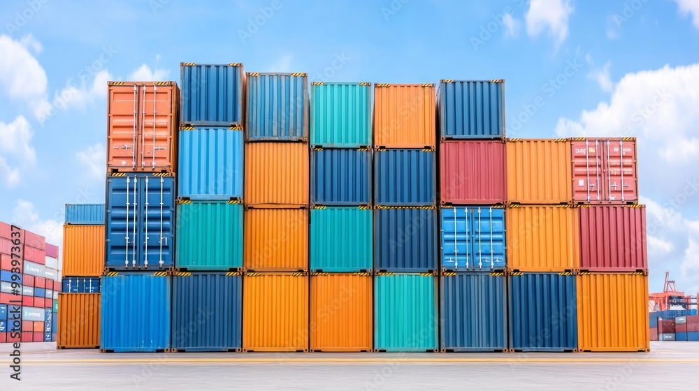 Colorful shipping containers stacked against a blue sky, symbolizing trade, logistics, and global transportation. Colorful shipping containers stacked against a blue sky, symbolizing trade, logistics, and global transportation.