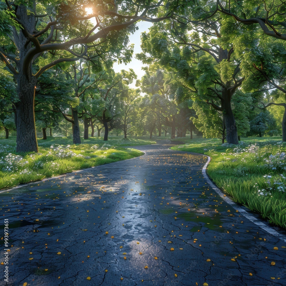 Naklejka premium a road features seamless asphalt and vibrant greenery,
