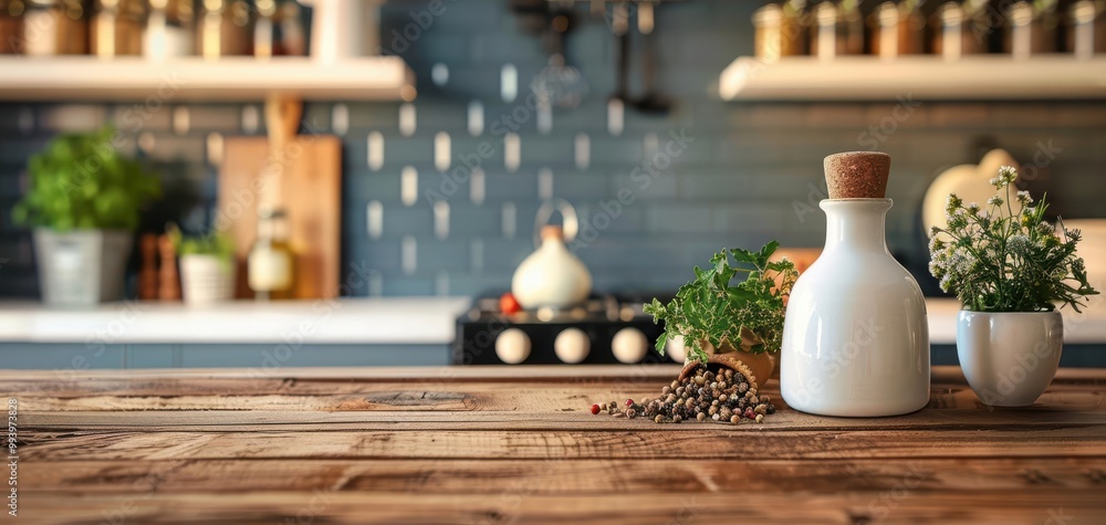A cozy kitchen scene featuring fresh herbs, a white bottle, and warm wooden textures, perfect for culinary inspiration. A cozy kitchen scene featuring fresh herbs, a white bottle, and warm wooden textures, perfect for culinary inspiration.