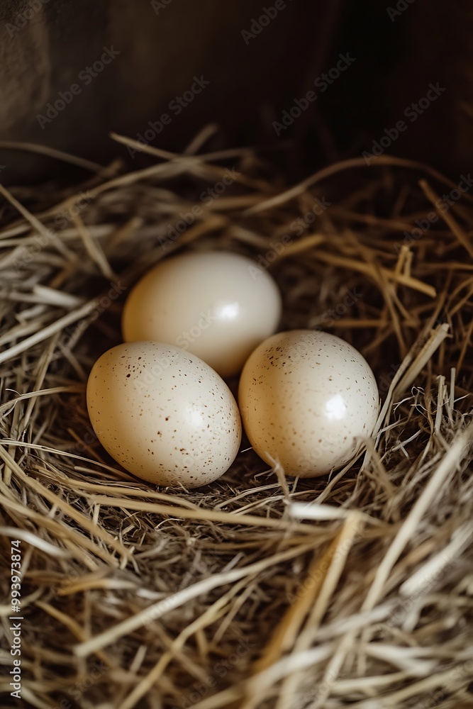 Three speckled bird eggs in a nest made of dried grass. Three speckled bird eggs in a nest made of dried grass.