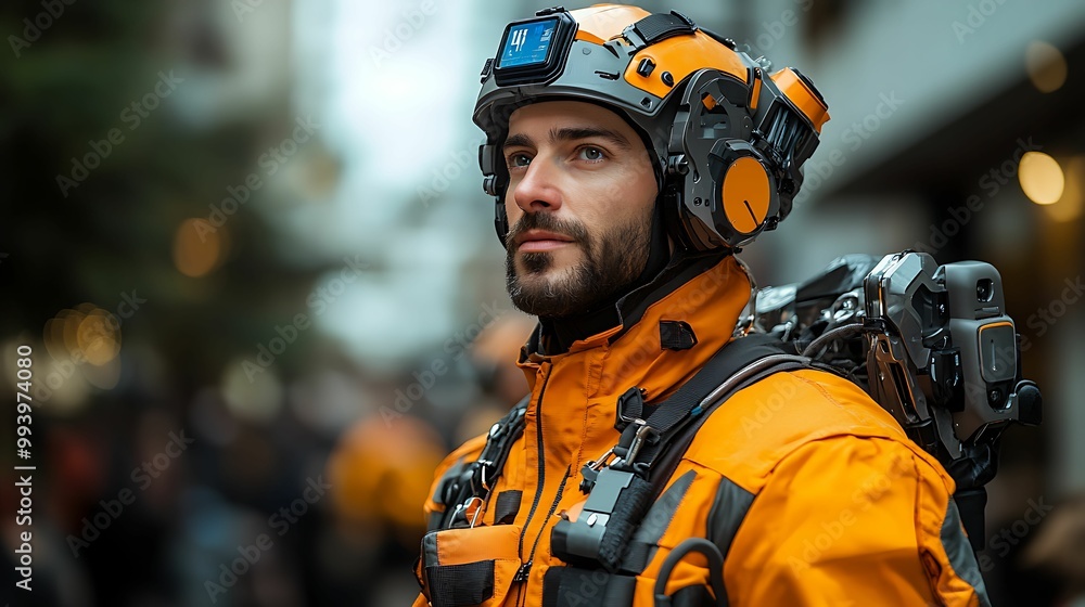 A man in futuristic worker attire equipped with high-tech gear, helmet, and augmented reality headset, ready for advanced field operations. A man in futuristic worker attire equipped with high-tech gear, helmet, and augmented reality headset, ready for advanced field operations.